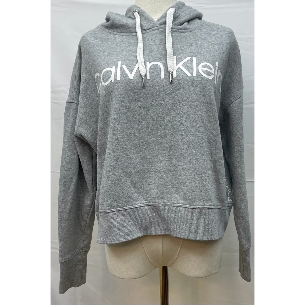 Calvin Klein Performance Cropped Hoodie Womens M Gray Logo Pullover